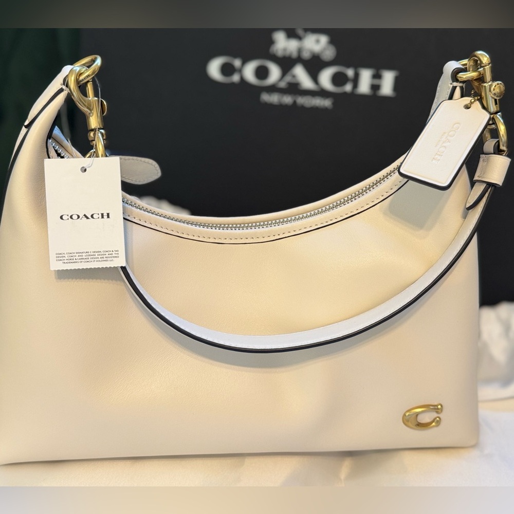 NWT**Juliet Coach Ivory Leather Shoulder Bag with Gold Accents